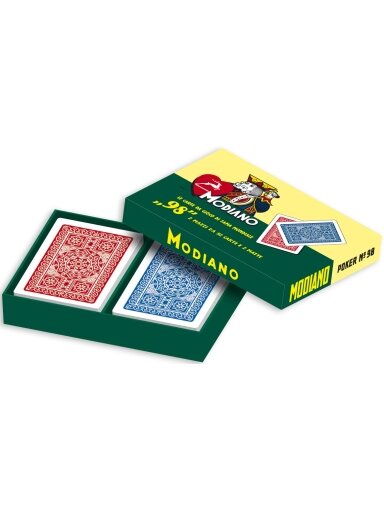 ''98'' pokerio kortų 2 kaladžių rinkinys Modiano Limituodo leidimo dėžutėje (raudonos ir mėlynos)