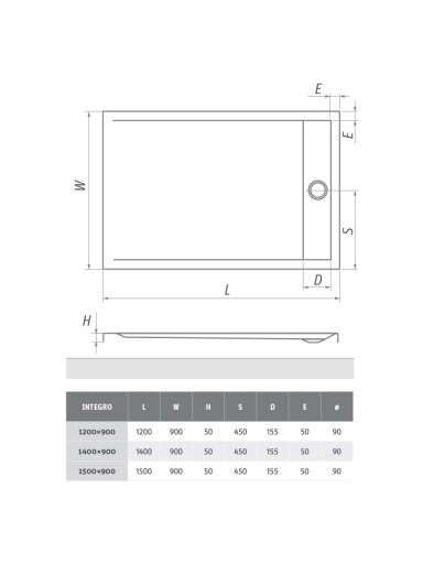 Akrilinis dušo padėklas INTEGRO 1200x900 mm su integruojamu sif. ir nerūd. pl. uždengimu, baltas