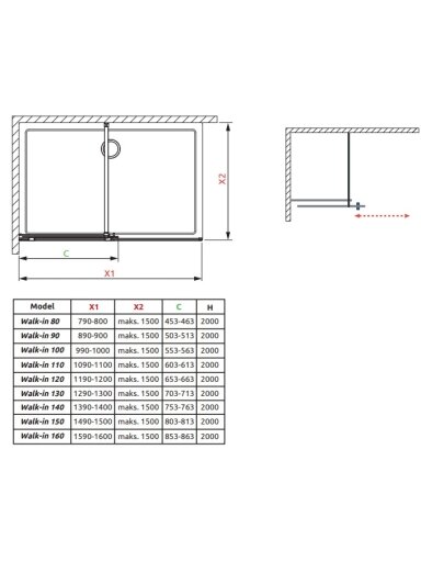 Durys Radaway FURO BLACK Walk-in 638x2000, dešinė, skaidrus/juoda