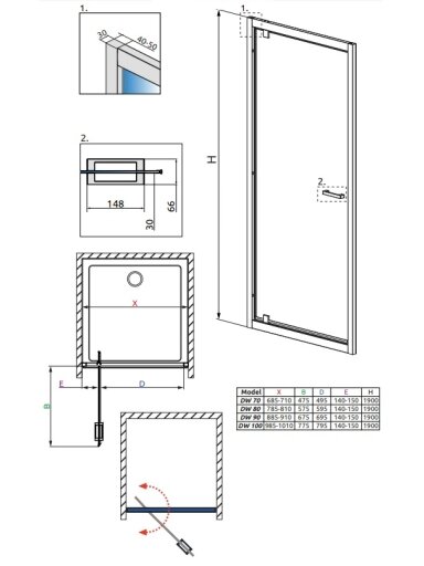 Dušo durys Radaway Twist DW 90, 885-910 x1900, stiklas skaidrus