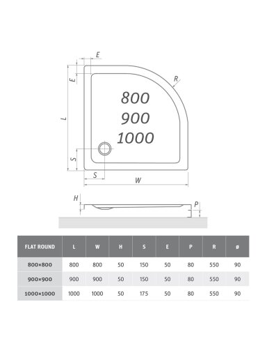Dušo padėklas FLAT ROUND 800x800 mm, baltas