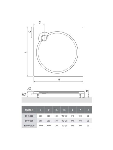 Dušo padėklas Macao-M  900x900x30 mm su reg. kojelėm (5 vnt) lietas marmuras, baltas