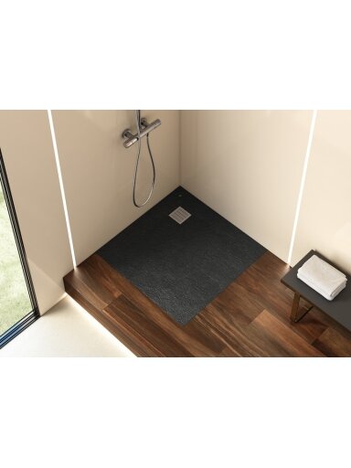 Dušo padėklas TERRAN 90x90x2,8 cm Stonex (su sifonu ir NP grotelėm), juodas