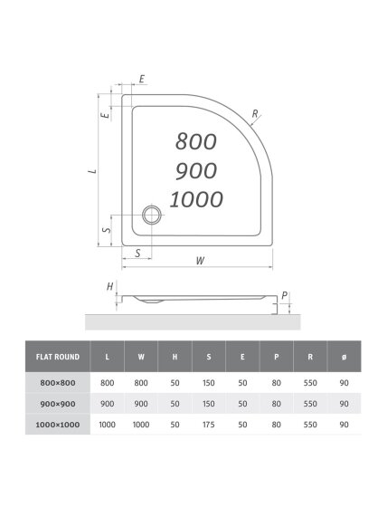 Dušo padėklas FLAT ROUND 900x900 mm, R550, baltas Dušo padėklas FLAT ROUND 900x900 mm, R550, baltas