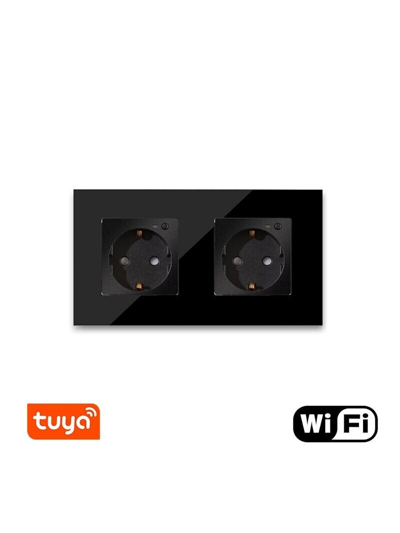 Dvivietis WiFi kištukinis lizdas su stikliniu rėmeliu Feelspot, juodas