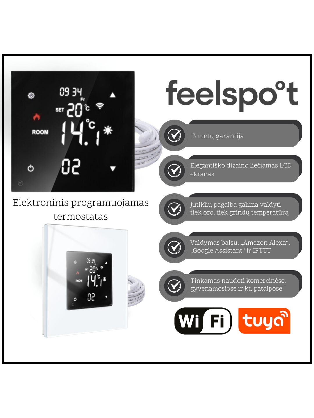 Elektroninis programuojamas termostatas be rėmelio Feelspot FSSWT16, Tuya
