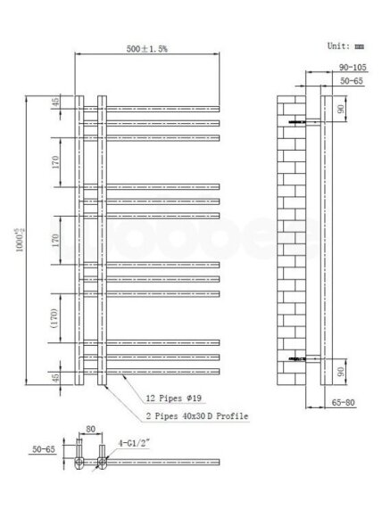 Elektrinis rankšluosčių džiovintuvas WOBBEE GLASTON BRUSHED NICKEL PVD 50x100cm braižyto nikelio spalvos kairinis su tenu su laidu 4