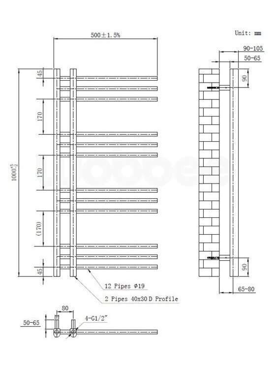 Elektrinis rankšluosčių džiovintuvas WOBBEE GLASTON BRUSHED NICKEL PVD 50x100cm braižyto nikelio spalvos kairinis su tenu paslėptu montavimu 3