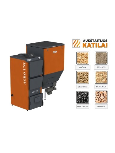 Granulinis katilas Agro UNI 40 kW, komplekte su 40 kW "Zenono" degikliu, 600 l bunkeriu