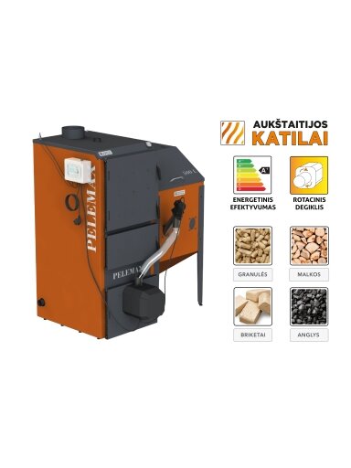 Granulinis katilas Pelemax 70 kW, komplekte su rotaciniu 70 kW degikliu, 1000 l bunkeriu