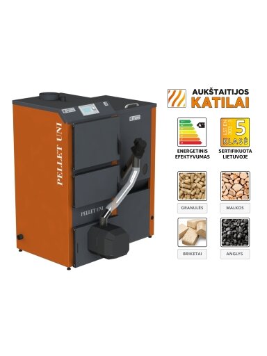 Granulinis katilas PELLET UNI 20 kW su rotac. 16 kW degikliu, sraigtu, 320 l met. bunkeriu