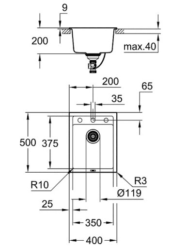Grohe akmens masės plautuvė K700, 400x500 mm, granito juoda spalva