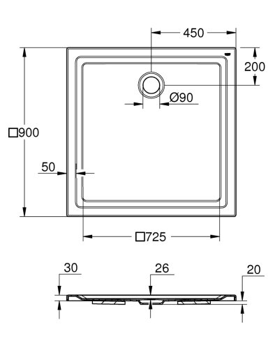 Grohe akrilinis dušo padėklas 90 cm, baltas