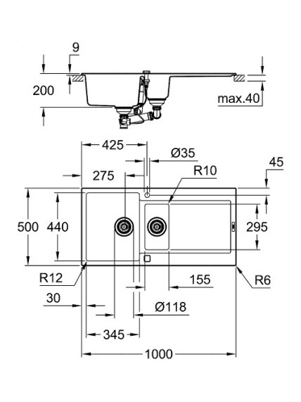 Grohe akmens masės plautuvė K500, 1000x500 mm, granito juoda 1 Grohe akmens masės plautuvė K500, 1000x500 mm, granito juoda 1