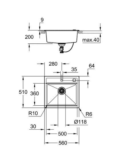 Grohe akmens masės plautuvė K700, 560x510 mm, granito juoda spalva
