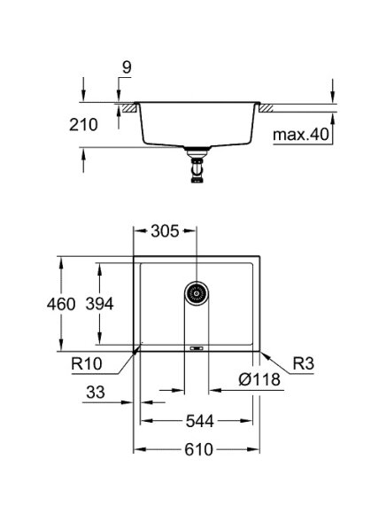 Grohe plautuvė K700U, montuojama iš apačios, 610x460mm, granito juodos spalvos 1 Grohe plautuvė K700U, montuojama iš apačios, 610x460mm, granito juodos spalvos 1