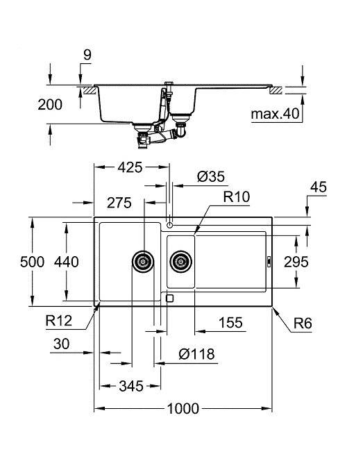 Grohe akmens masės plautuvė K500, 1000x500 mm, granito juoda 1 Grohe akmens masės plautuvė K500, 1000x500 mm, granito juoda 1