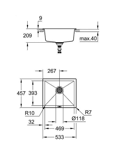 Grohe akmens masės plautuvė montuojama stalviršio apačioje K700U, 533 x 457 mm, granito juoda spalva