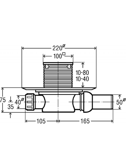 Horizontalus trapas, "sausas" DN50, su nerūdijančio plieno grotelėmis 100 x 100, (0,4 l/s)