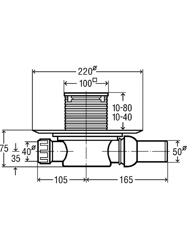 Horizontalus trapas, "sausas" DN50, su nerūdijančio plieno grotelėmis 100 x 100, (0,4 l/s) Horizontalus trapas, "sausas" DN50, su nerūdijančio plieno grotelėmis 100 x 100, (0,4 l/s)