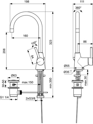 Ideal Standard Ceraline aukštas maišytuvas su dugno vožtuvu, 5 l/min, karšto vandens ribotuvas, chromas
