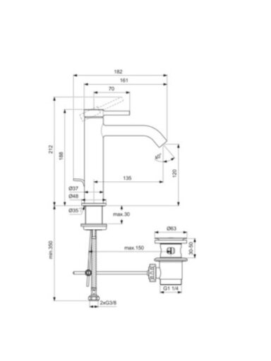 Ideal Standard CERALINE Nuovo H120 maišytuvas praustuvui su metaliniu dugno, 3,8 l/min, chromas