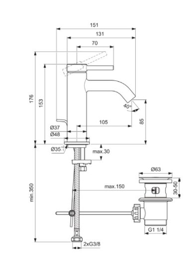 Ideal Standard CERALINE Nuovo H85 maišytuvas praustuvui su metaliniu dugno vožtuvu, 3,8 l/min, chromas