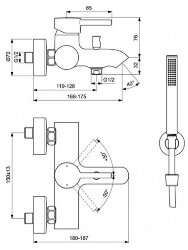 Ideal Standard Ceraline virštinkinis vonios/dušo maišytuvas su dušo komplektu, juoda matinė spalva