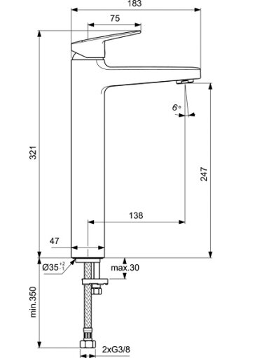 Ideal Standard Ceraplan H250 praustuvo maišytuvas be dugno vožtuvo, chromas