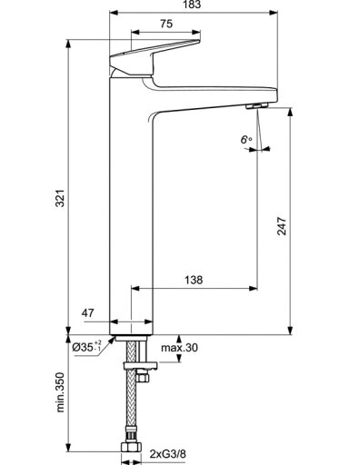 Ideal Standard CERAPLAN H250 praustuvo maišytuvas be dugno vožtuvo, matinė juoda