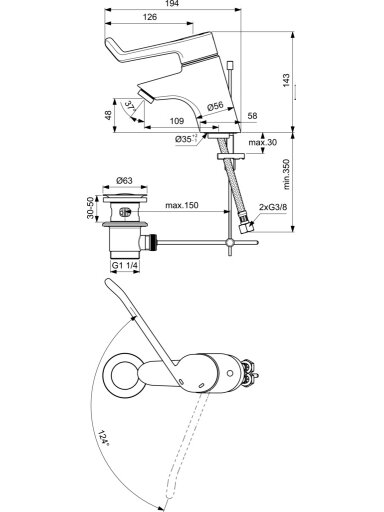 Ideal Standard Ceraplus praustuvo maišytuvas 18cm svirtimi, su dugno vožtuvu