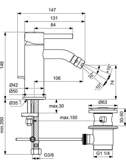 Ideal Standard Ceraline bide maišytuvas su dugno vožtuvu, matinė juoda 2 Ideal Standard Ceraline bide maišytuvas su dugno vožtuvu, matinė juoda 2