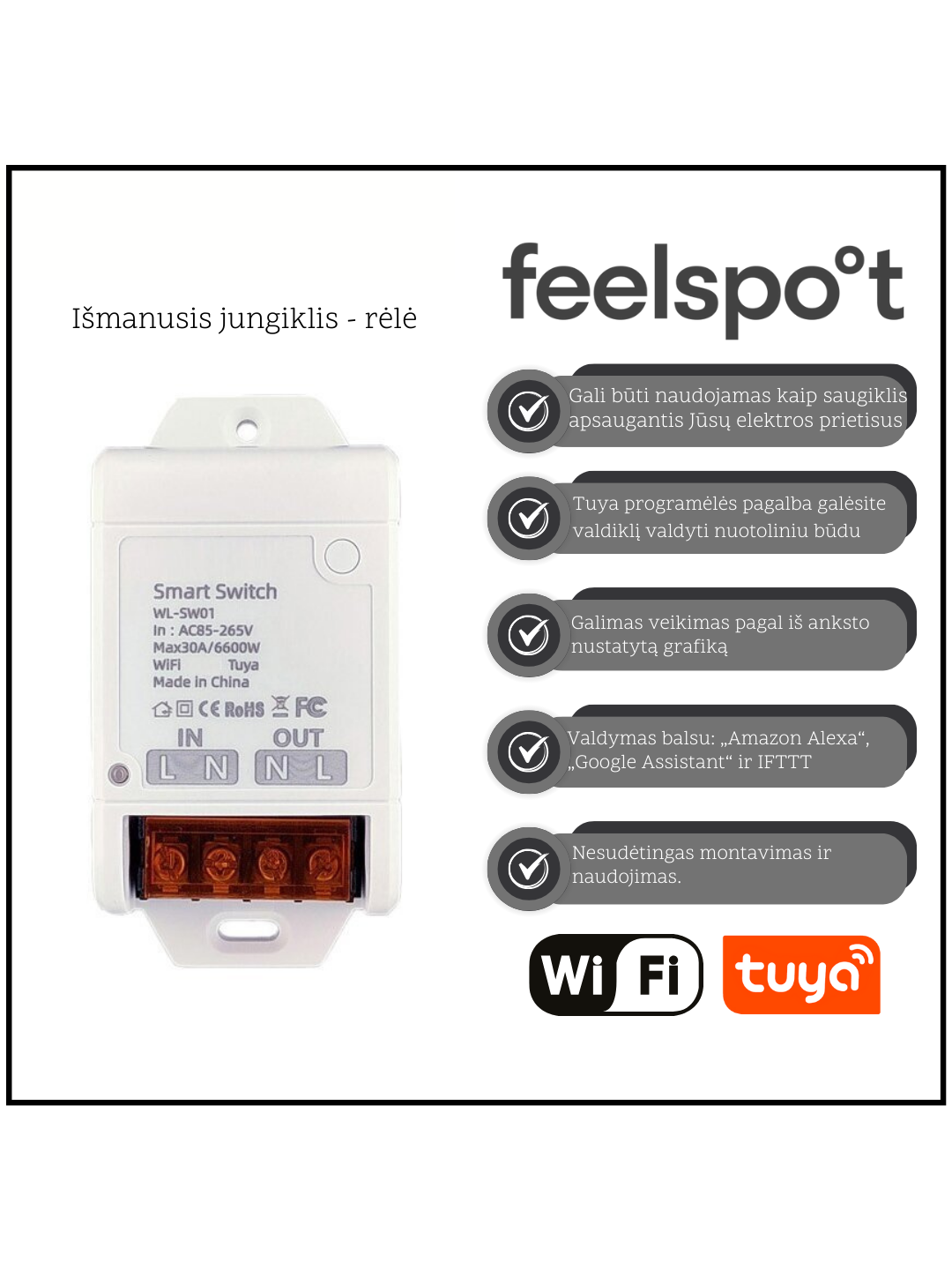 Išmanusis jungiklis - rėlė Feelspot FS-WB06W Wi-fi, Tuya