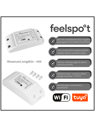 Išmanusis jungiklis - rėlė Feelspot FS-WB01W 10A Wi-fi, Tuya