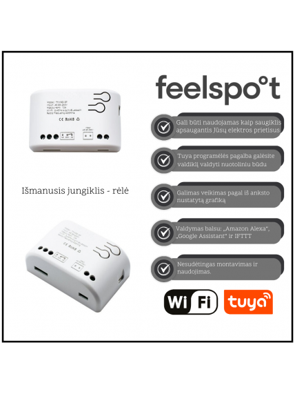 Išmanusis jungiklis - rėlė Feelspot FS-SRS02W RF,  Wi-fi, Tuya