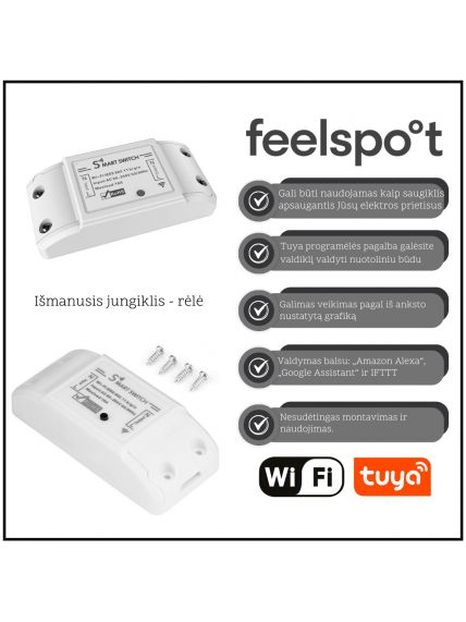 Išmanusis jungiklis - rėlė Feelspot FS-WB01W 10A Wi-fi, Tuya Išmanusis jungiklis - rėlė Feelspot FS-WB01W 10A Wi-fi, Tuya