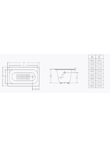 Ketinė vonia CLASSIC 150x70x40
