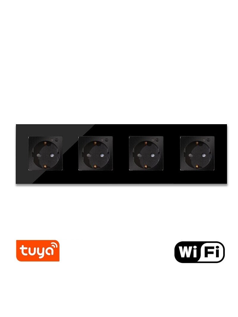 Keturvietis WiFi kištukinis lizdas su stikliniu rėmeliu Feelspot, juodas