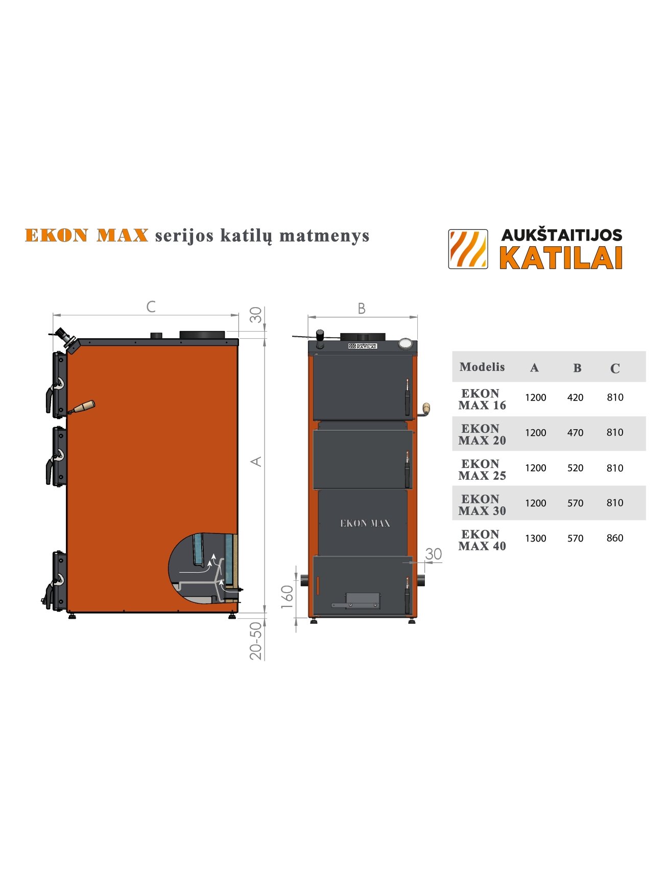Kieto kuro katilas EKON-MAX, apatinio degimo, 16kW 2