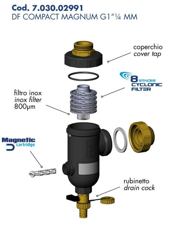 Magnetinis šildymo sistemos filtras 1 1/4" / 1 1/4" KVS 12, DF Magnum MM, montavimas kampu Magnetinis šildymo sistemos filtras 1 1/4" / 1 1/4" KVS 12, DF Magnum MM, montavimas kampu