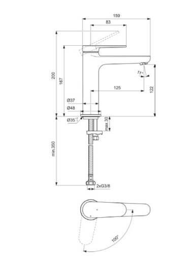Praustuvo maišytuvas Ideal Standard CERAFINE O Nuovo H120, be dugno vožtuvo, BlueStart, 3,8 l/min, matinė juoda