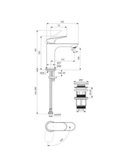 Praustuvo maišytuvas Ideal Standard CeraLife O H100 su „click-clack“ dugno vožtuvu, 3,8 l/min, chromas