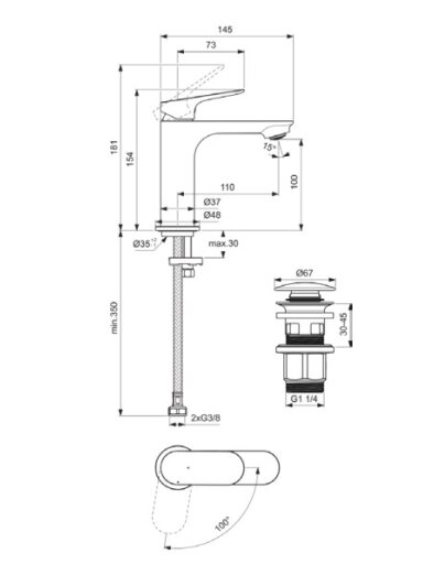 Praustuvo maišytuvas Ideal Standard CeraLife O H100  su „click-clack“ dugno vožtuvu, 3,8 l/min, matinė juoda