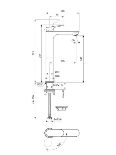Praustuvo maišytuvas Ideal Standard CeraLife O H240 be dugno vožtuvo, BlueStart, 3,8 l/min, chromas