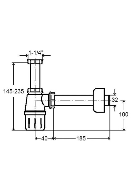 Praustuvo sifonas butelinis, be ventilio 1 1/4 x 32, plastikinis Praustuvo sifonas butelinis, be ventilio 1 1/4 x 32, plastikinis