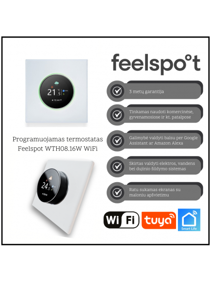 Programuojamas termostatas Feelspot WTH08.16W WiFi, baltas, Tuya, Smart Life Programuojamas termostatas Feelspot WTH08.16W WiFi, baltas, Tuya, Smart Life