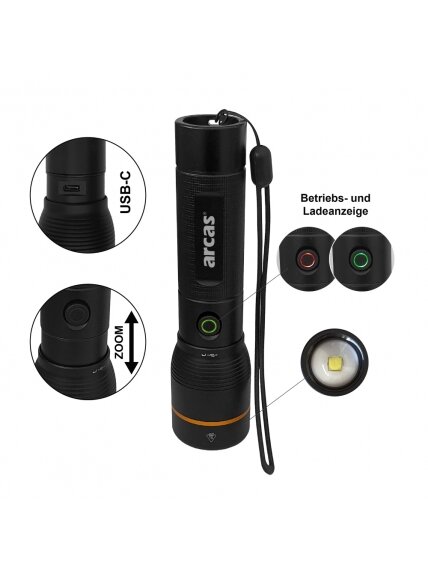 Rankinis žibintuvėlis, 20W, įkraunamas USB-C, juodas, ARCAS 1