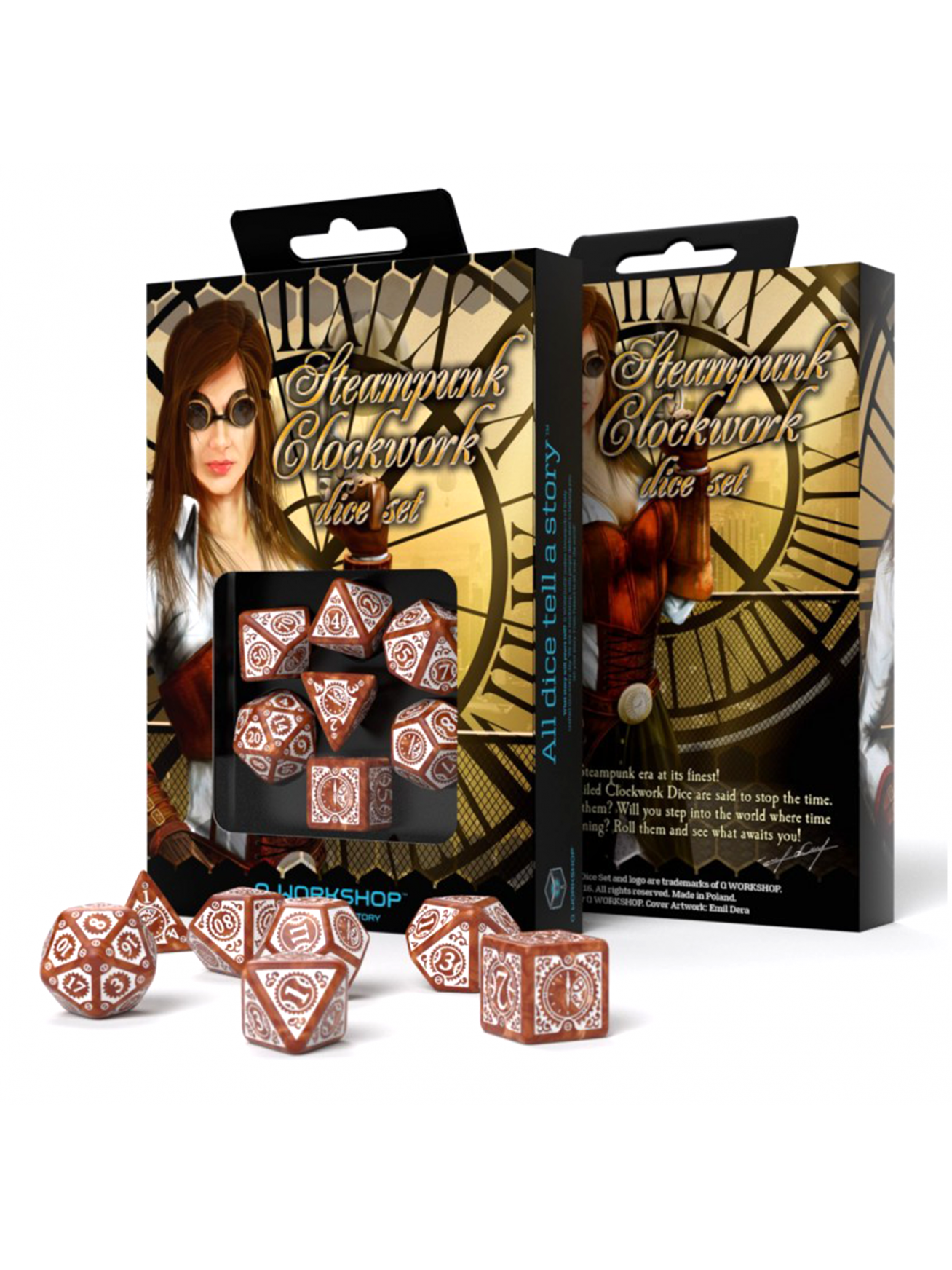 Steampunk Clockwork kauliukų rinkinys karamelinės ir baltos spalvos Steampunk Clockwork kauliukų rinkinys karamelinės ir baltos spalvos