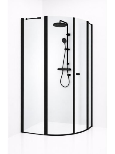 Standartinė, pusapvalė dušo kabina SONATA 875-888x875-888x1900 mm, skaidrus st.., profilis RAL9005 juoda matinė sp