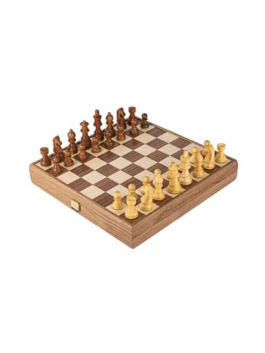 Staunton Walnut medinių šachmatų rinkinys su 27cm Inkrustuota lenta Manopoulos